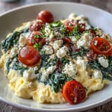A wholesome Mediterranean-inspired breakfast bowl with creamy feta, fresh spinach, and golden toasted whole grain bread.  