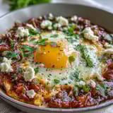 Vibrant shakshuka bowl with poached eggs in spiced tomato sauce, served with warm pita bread for dipping.  