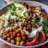 A nourishing vegan meal prep bowl filled with smoky roasted chickpeas, sweet potatoes, and fresh greens topped with rich tahini sauce.  