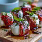Fresh strawberry caprese skewers with mozzarella, basil, and balsamic drizzle, perfect for summer parties and light appetizers.