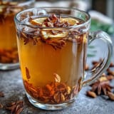 Aromatic dandelion root tea with ginger and turmeric, golden and steaming in a clear mug.
