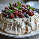 Delicate Mothers Day Pavlova with crisp meringue shell and fluffy whipped cream, crowned with fresh mixed berries for a festive dessert.