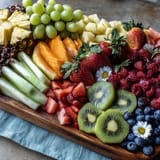 Vibrant fruit table with edible flowers, perfect for a graduation celebration and healthy snacking.