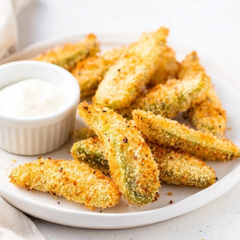 Close-up of freshly fried pickles with a golden-brown coating, ready to enjoy with a cool ranch dip.