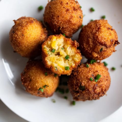 Freshly fried hushpuppies, with visible bits of onion, ready to be served hot and delicious.