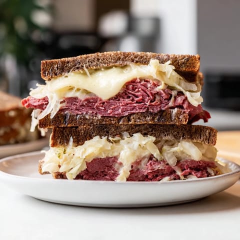 Golden-brown Reuben sandwich cut in half, revealing gooey melted Swiss cheese, delicious corned beef, and sauerkraut.
