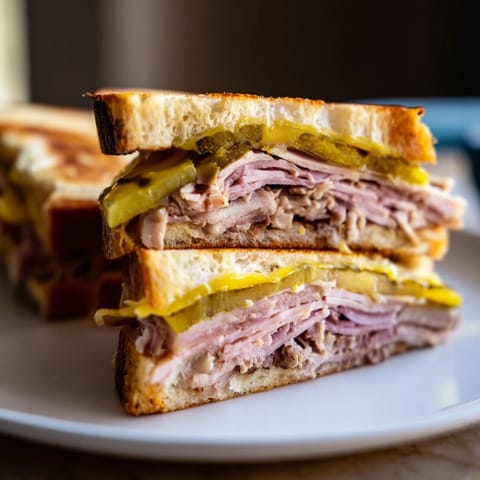 Golden, melty Cuban sandwich, layers of meat and cheese pressed inside crispy bread, ready to eat.
