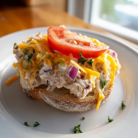 Open-faced tuna melt with melted cheddar, perfect for a quick and easy, savory dinner.