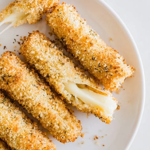 Close-up of freshly fried mozzarella sticks, the cheese melting inside, a delightful appetizer.