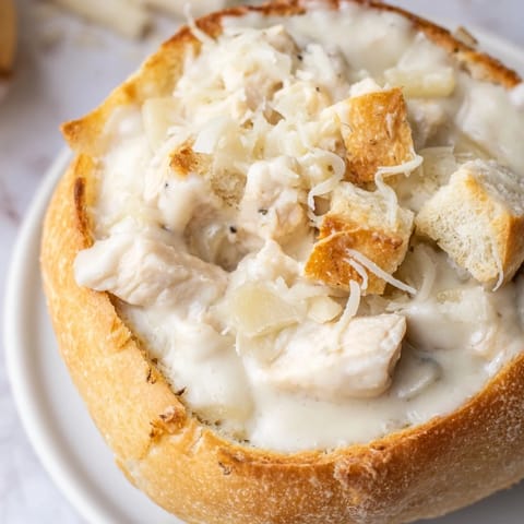 Freshly baked bread bowl holding tender chicken tossed in rich Alfredo sauce, garnished with parsley and extra grated Parmesan.  