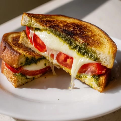 Fresh basil pesto and ripe tomatoes enhance this gourmet Caprese Pesto Grilled Cheese sandwich.