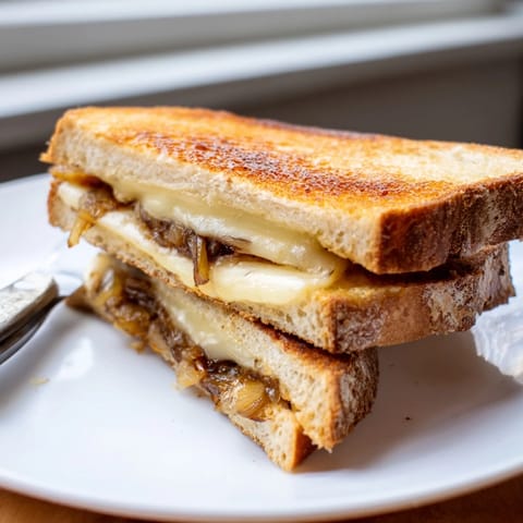 Close-up of a golden-brown Caramelized Onion Grilled Cheese sandwich, featuring melted sharp white cheddar and jammy onions on buttery sourdough bread.