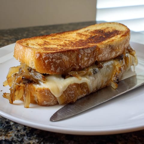 Sliced Caramelized Onion Grilled Cheese on a wooden board, revealing sweet, caramelized onions and gooey sharp white cheddar inside each bite.