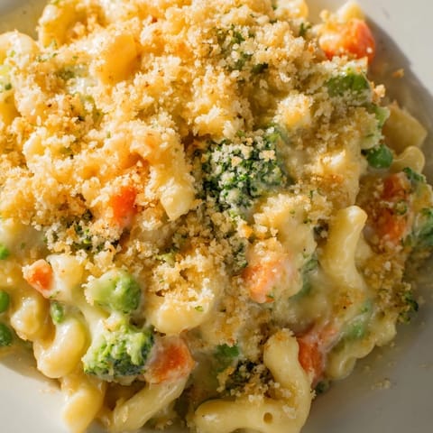 Garden Veg Mac and Cheese baked in a white dish with a crispy golden panko topping, ready to serve as a family-friendly weeknight meal.  