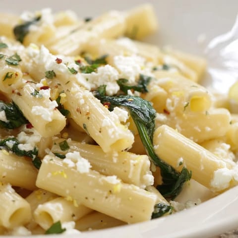 A pan of Creamy Feta Spinach Pasta garnished with lemon zest and herbs, perfect for weeknight dinner.