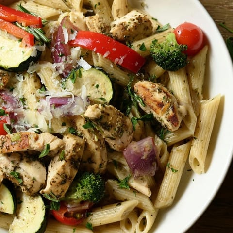 Golden roasted garlic-herb chicken and colorful vegetables like bell peppers and zucchini are tossed with al dente penne pasta in a light, aromatic sauce.  