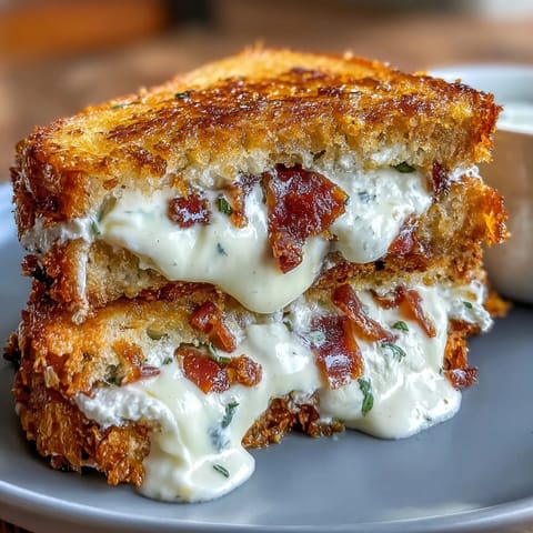 Luxurious crispy prosciutto and burrata grilled cheese, perfectly melted and toasted golden brown.