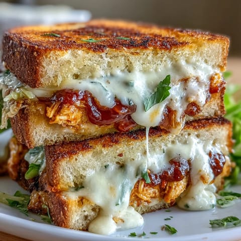 Gooey Buffalo Chicken Caesar Grilled Cheese ready to be sliced and devoured.