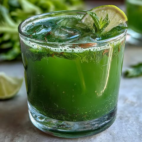 A tall glass of Celery Ginger Lemon Juice, garnished with fresh mint and lemon, perfect for a refreshing morning drink.  