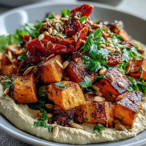 Vibrant roasted butternut squash and sweet potatoes sit on creamy butter bean hummus, topped with crunchy toasted seeds in this hearty winter salad.