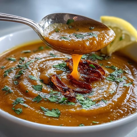 Velvety butternut squash and lentil soup simmering in a pot, showing roasted squash cubes and warm spices blending into a nourishing vegan broth.  