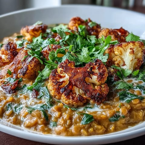 Vibrant red lentil dhal and golden cumin-roasted cauliflower florets, served warm as a satisfying vegan main dish.
