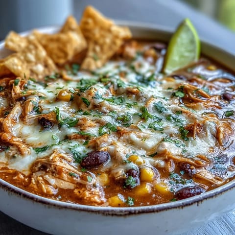 Hearty Easy Chicken Tortilla Soup garnished with creamy cheddar cheese, lime wedges, and sliced jalapeños.