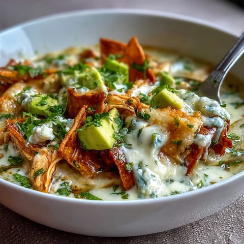 Close-up of Creamy Chicken Tortilla Soup in a rustic bowl, featuring tender shredded chicken and a vibrant green salsa verde base.