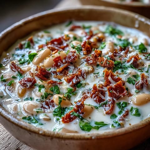 A spoon dips into rich, velvety Creamy Tuscan White Bean Soup revealing sun-dried tomatoes and smooth pureed cannellini beans.  