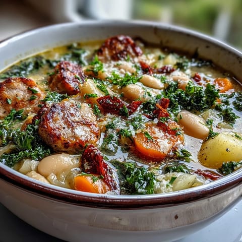 This hearty Tuscan White Bean Sausage Soup features crumbled Italian sausage, tender potatoes, and aromatic herbs in a rustic broth.