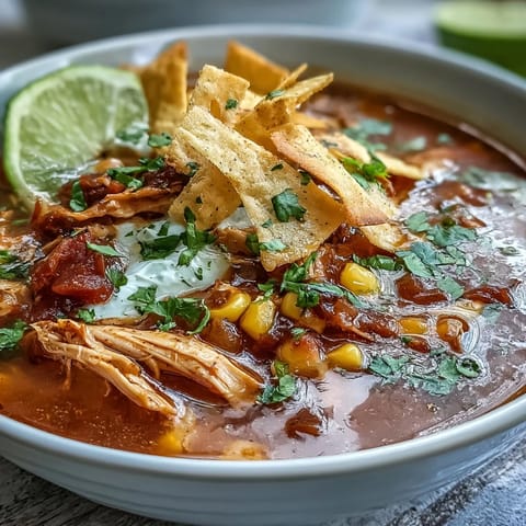 Best Chicken Tortilla Soup with shredded chicken, sweet corn, and fire-roasted tomatoes in a rich broth.