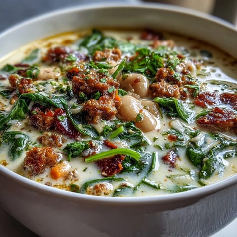 Epic Creamy Tuscan White Bean Soup ladled into a rustic bowl with a side of crusty bread, topped with freshly grated Parmesan.