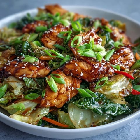 Steaming Chicken Cabbage Stir-Fry plated with fluffy white rice and green onions, perfect for an easy weeknight meal.