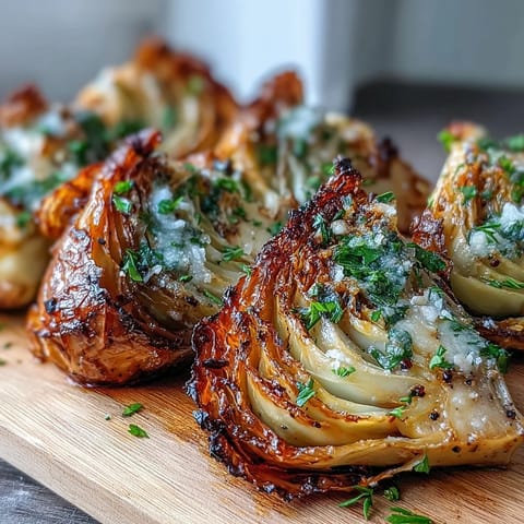 Tender roasted cabbage wedges topped with garlic oil and melted Parmesan cheese for a savory vegetarian side.