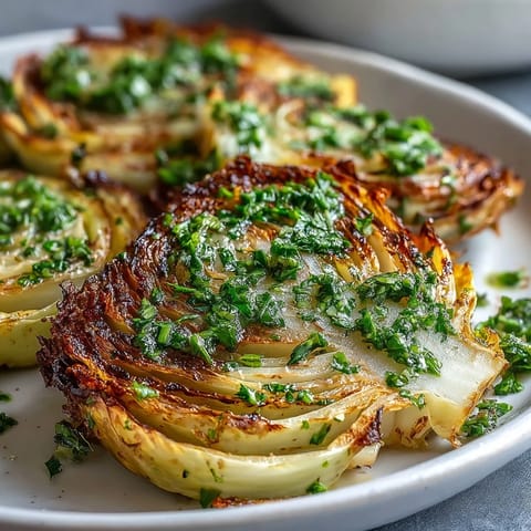 Golden, caramelized cabbage steaks topped with vibrant jalapeño chimichurri sauce, served hot on a rustic plate.