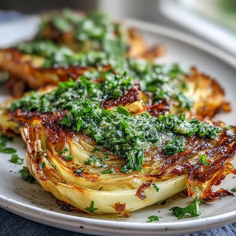 Thick roasted cabbage steaks with crispy edges and a generous drizzle of bright green jalapeño chimichurri.