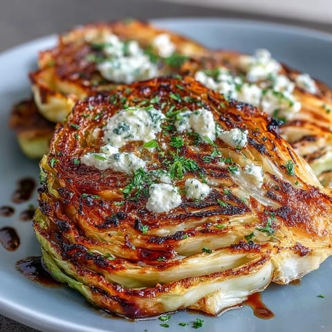 Golden, crispy Crispy Cabbage Steaks With Feta and Balsamic fresh from the oven on a dark plate.