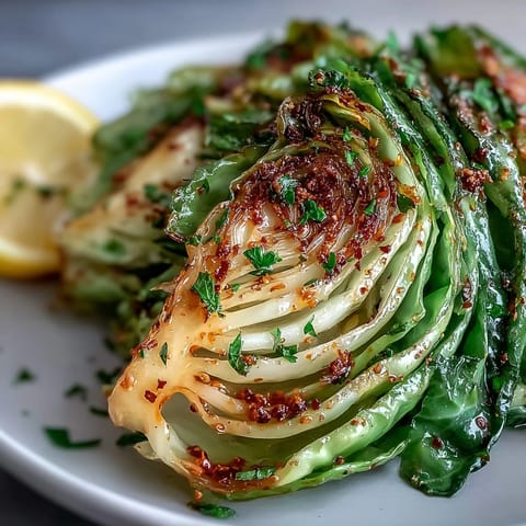 Vibrant sautéed cabbage with garlic and Mediterranean spices, garnished with fresh parsley and served with bright lemon wedges.