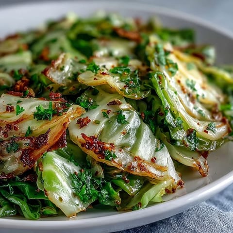 Tender, lightly caramelized cabbage seasoned with garlic and Mediterranean spices, steaming in a skillet for a quick vegan side.