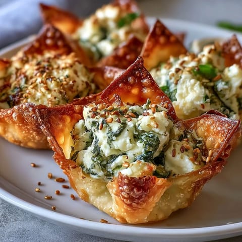 Golden Mediterranean Spinach and Feta Cheese Crisps baked in wonton cups, garnished with fresh parsley for a savory appetizer.