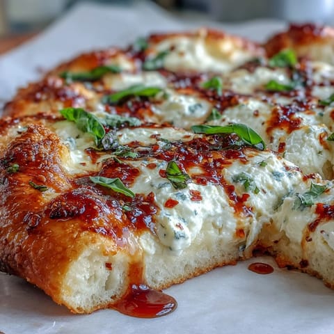 A close-up of Hot Honey Ricotta Pizza, showcasing creamy ricotta swirls and a drizzle of spicy honey.