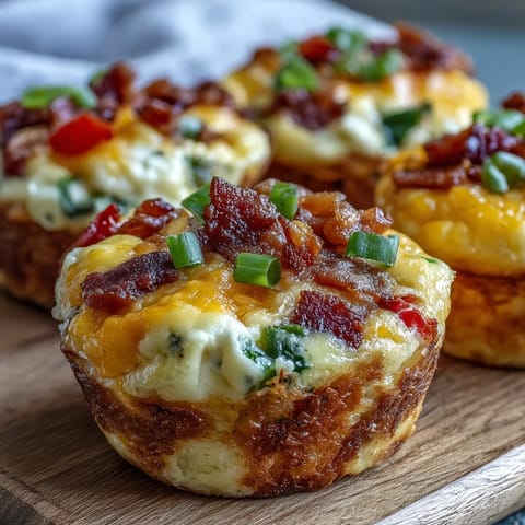 Golden baked Breakfast Egg Muffins with cheddar, bacon, and bell peppers on a rustic wooden board.