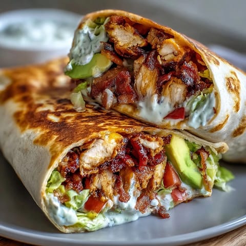 Golden-brown Crispy Chicken Bacon Wrap slices on a wooden board, filled with lettuce, tomato, and melted cheddar cheese.