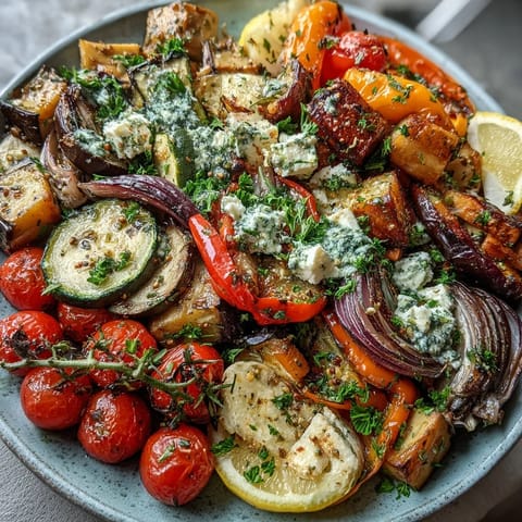 A close-up of Roasted Mediterranean Greek Vegetables topped with crumbled feta, fresh parsley, and Kalamata olives.