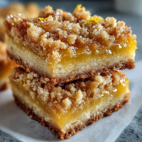 Freshly baked Homemade Lemon Crumb Bars showcase golden crumbles topping a vibrant, sunny yellow lemon filling in a square pan.