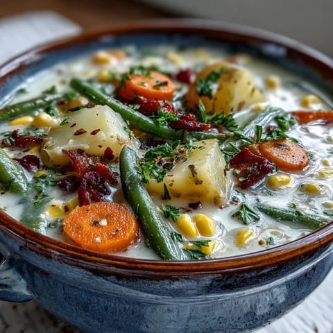 Amish Snow Day Soup with creamy broth, tender carrots, and fresh parsley garnish served in a rustic bowl.