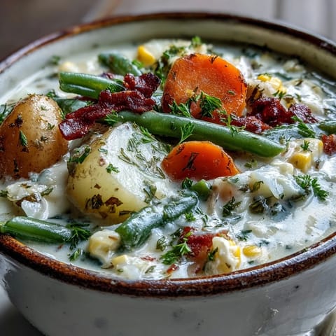 Creamy Amish Snow Day Soup simmering with potatoes, corn, and green beans next to crusty bread for dipping.