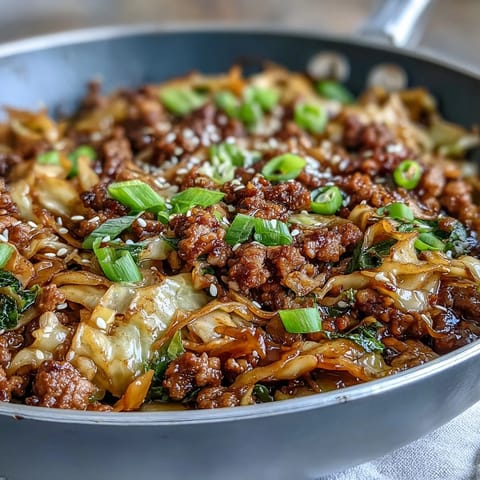 A vibrant bowl of Egg Roll in a Bowl with tender ground pork and crisp cabbage slaw, garnished with sesame seeds.  