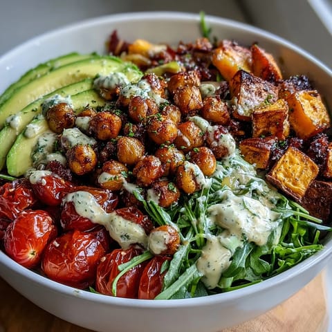 A vibrant breakfast buddha bowl with mixed greens, roasted sweet potatoes, crispy chickpeas, and fresh vegetables drizzled with creamy tahini dressing.