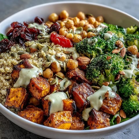 Vibrant meal prep power bowl with quinoa, roasted sweet potato, and colorful vegetables topped with crunchy almonds and pumpkin seeds.  